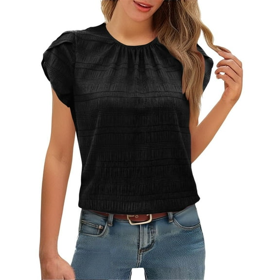 Holzkary Women's Casual Round Neck Basic Pleated Top Cap Sleeve Curved Keyhole Back Blouse Fashionable and Casual Spring and Summer New Round Neck Petal Sleeve Temperament Short Sleeved Top Black S