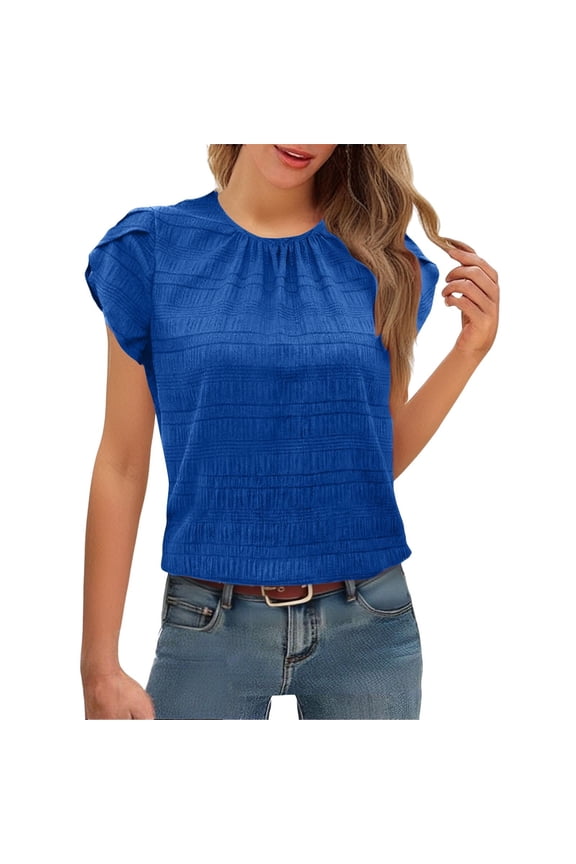 Women's Casual Round Neck Basic Pleated Top Cap Sleeve Curved Keyhole Back Blouse Fashionable and Casual Spring and Summer New Round Neck Petal Sleeve Temperament Short Sleeved Top Blue S