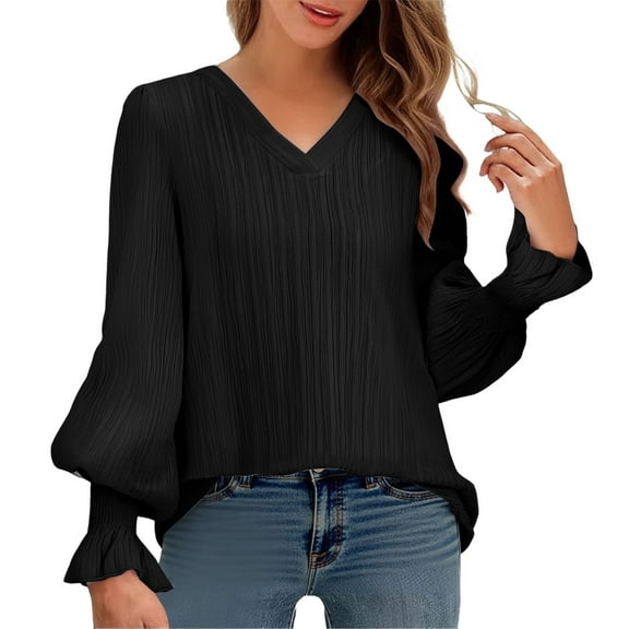 Holzkary Women's Casual V Neck Tiered Ruffle Bell Long Sleeve Blouse Shirt Tunic Top Pleated Elegant Dress Tunic Shirts Autumn Fashion Casual V Neck Long Sleeved Sleeve Shirt T Shirt Black Xxl