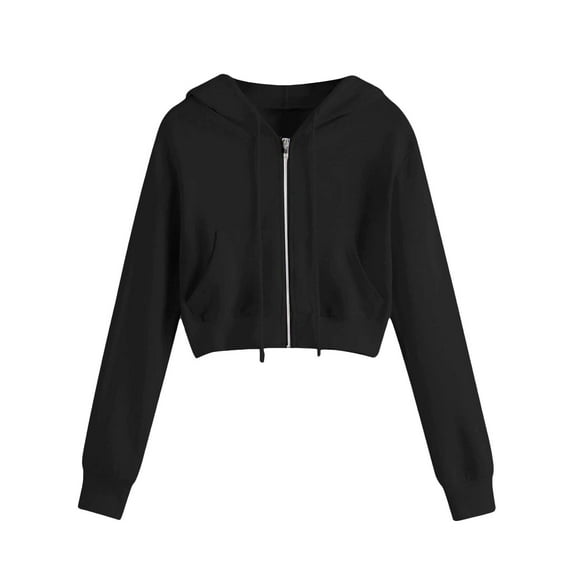 Holzkary Women's Casual Zip Up Drawstring Cropped Hoodie Hooded Crop Sweatshirts Jackets Top with Pockets Zipper Pocket Women Sweatshirt Tops Long Sleeve Casual Shirt Solid Women's Blouse Black Xxl
