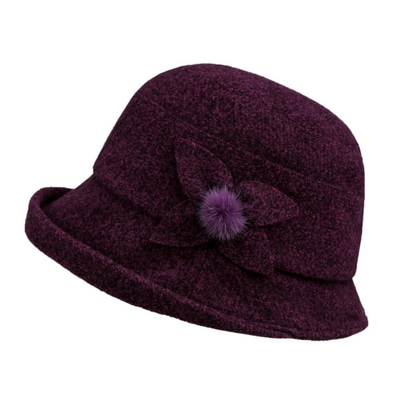 Holzkary Women's Cloche Bucket Hat 1920S Vintage Dress Winter Hats with Flower Accent Women's Autumn and Winter Dome Casual Fisherman Pot Hat Small Bowler Hat Purple M