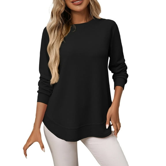 Holzkary Women's Crew Neck Long Sleeve Shirts Waffle Knit Loose Tops Basic Tees 2025 Casual Comfy Fall Outfits Clothes Side Split Basic Loose Tops 2025 Crew Neck Tops A Little Run Big Black Xxl
