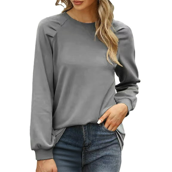 Holzkary Women's Crewneck Sweatshirts Lightweight Long Sleeve Tunic Tops Cute Pullover Shirts Casual European and American Round Neck Bubble Sleeve Pullover Solid Color Loose Hoodie Dark Grey L