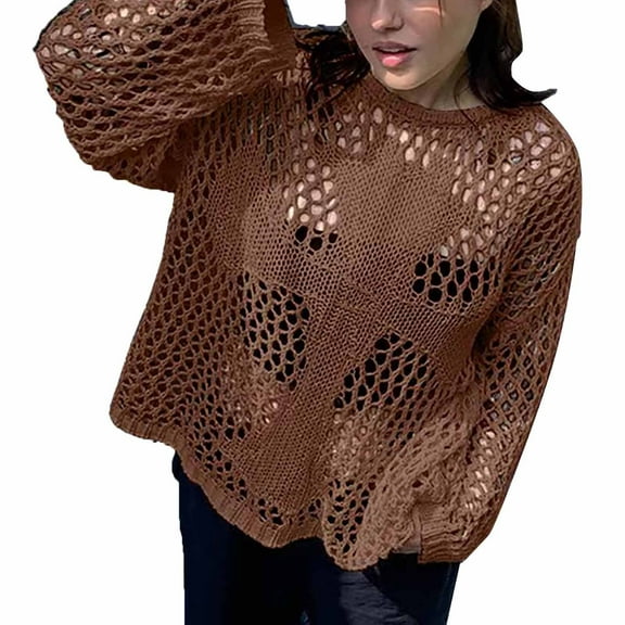 Holzkary Women's Crochet Crewneck Lightweight Hollow Out Long Sleeve Knit Sweater Hollowed Out Loose Summer Fall Winter Pullover Top Pullover Sweaters for Women Trendy 2025 Coffee Xxl
