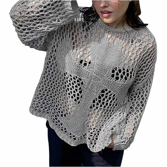 Holzkary Women's Crochet Crewneck Lightweight Hollow Out Long Sleeve Knit Sweater Hollowed Out Loose Summer Fall Winter Pullover Top Pullover Sweaters for Women Trendy 2025 Grey Xl