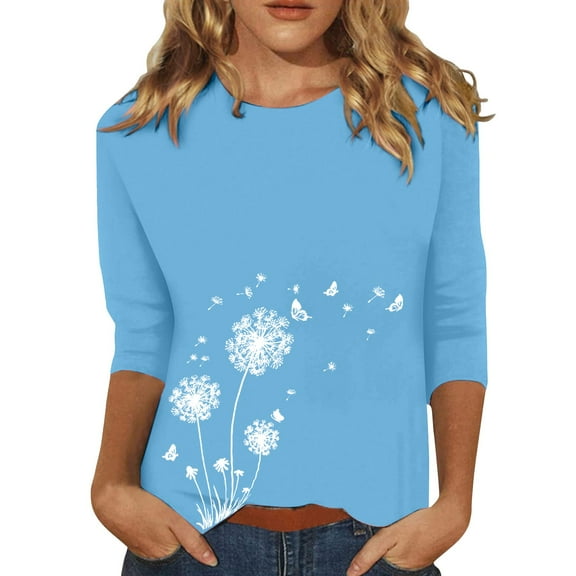 Holzkary Women's Dandelion Graphic Shirts Sunflower Pattern Print 3/4 Sleeve Tops Casual Summer Tops Holiday Tee Shirt Autumn Round Neck Dandelion Print Loose Seven Quarter Sleeve T Shirt Sky Blue L
