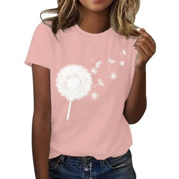 Holzkary Women's Dandelion Graphic T-Shirt Short Sleeve Summer Crewneck Casual Loose Trendy Printed Tee Tops Women's Summer Round Neck Dandelion Print Loose Casual Short Sleeved T Shirt Pink M