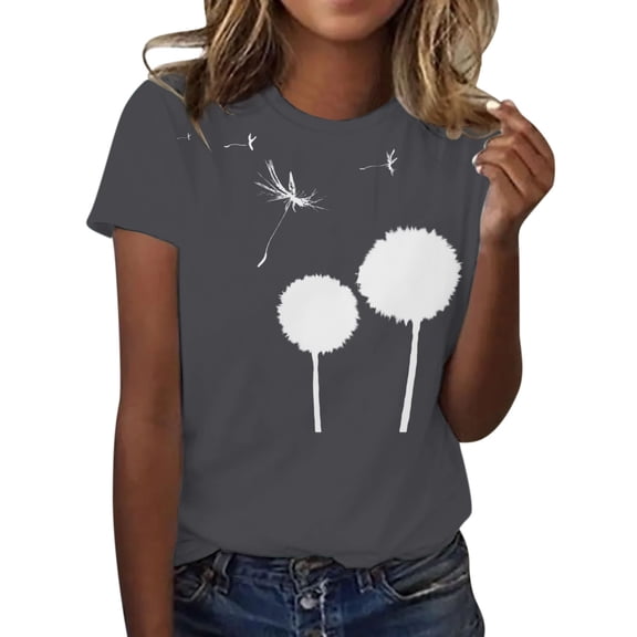 Holzkary Women's Dandelion Print T Shirts Cute Graphic Tees Short Sleeve Summer Cotton Tee Tops Women's Summer Round Neck Dandelion Print Loose Casual Short Sleeved T Shirt Grey M
