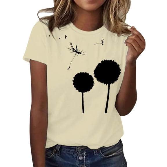 Holzkary Women's Dandelion Print T Shirts Cute Graphic Tees Short Sleeve Summer Cotton Tee Tops Women's Summer Round Neck Dandelion Print Loose Casual Short Sleeved T Shirt Yellow Xl