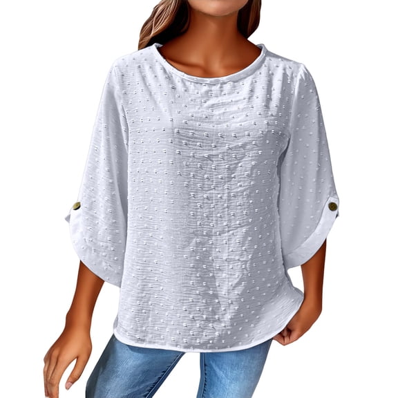 Holzkary Women's Dressy Casual Tops Swiss Dots Short Sleeve Chiffon Blouse Summer Work Shirts Womens Fall Winter Casual Shirts Long Sleeve Side Split Pullover Tops Loose Blouse White L