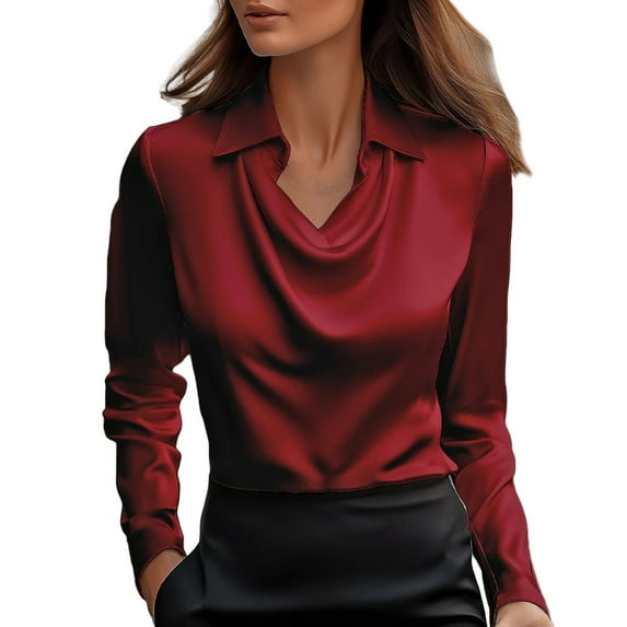 Holzkary Women's Elegant Satin Silk Blouse Cowl Neck Ruched Front Draped Long Sleeve Work Office Shirt Top Women's Elegant Cowl Neck Satin Blouse Long Sleeve Work Shirt Top Red M