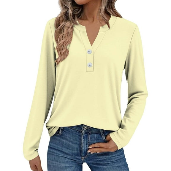 Holzkary Women's Fall Long Sleeve Henley Tops V Neck Tunic Casual Loose Blouse Winter Sweatshirt Women Fashion Casual Long Sleeve Button Tops Shirts Blouses Tops Beige L