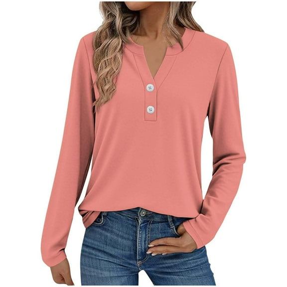 Holzkary Women's Fall Long Sleeve Henley Tops V Neck Tunic Casual Loose Blouse Winter Sweatshirt Women Fashion Casual Long Sleeve Button Tops Shirts Blouses Tops Pink L