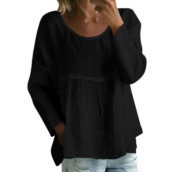 Holzkary Women's Floral 3/4 Sleeve Babydoll Peplum Tops Crew Neck Loose Casual Boho Peasant Blouses Women's New Solid Color Long Sleeved T Shirt Loose Large Size Long Sleeved T Shirt Black M
