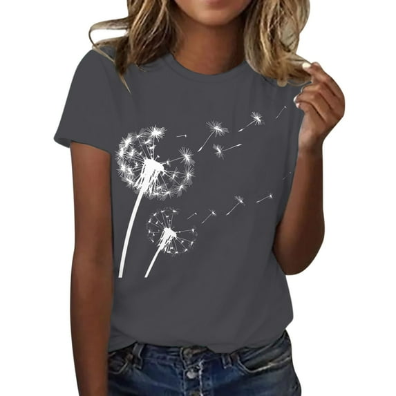 Holzkary Women's Floral T-Shirts Crew Neck Dandelion Sun Flower Graphic Casual Tee Boho Tops Cute Wildflowers Shirts Summer Round Neck Dandelion Print Loose Casual Short Sleeved T Shirt Grey 3Xl