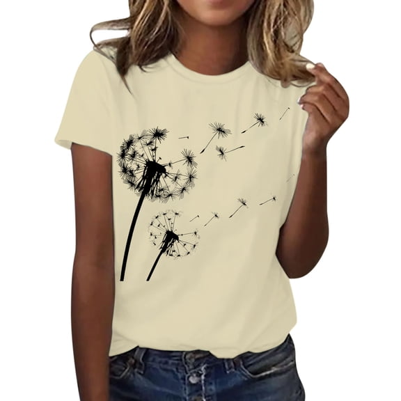 Holzkary Women's Floral T-Shirts Crew Neck Dandelion Sun Flower Graphic Casual Tee Boho Tops Cute Wildflowers Shirts Summer Round Neck Dandelion Print Loose Casual Short Sleeved T Shirt Yellow 3Xl