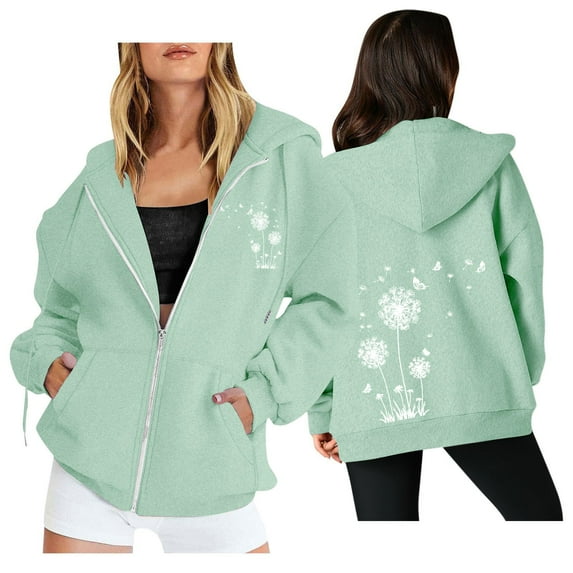 Holzkary Women's Full Zip Up Hoodie Dandelion Pockets Sweatshirts Winter Fall Jackets Zipper Coat Dandelion Print Long Sleeve Hooded Sweatshirts with Pockets Jacket Coat for Women Light Green 3Xl