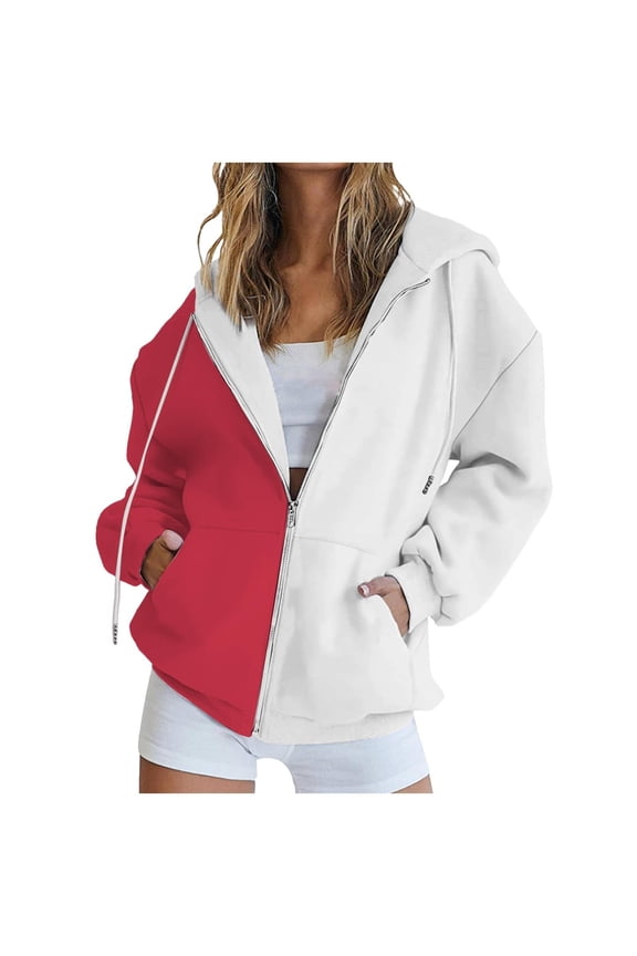 Women's Full Zip Up Hoodie Oversize Sweatshirt Kapuzenpullover Mit Kapuze Langarm Sport Style Color Block Long Sleeve Hooded Sweatshirts with Pockets Jacket Coat for Women Red 3Xl