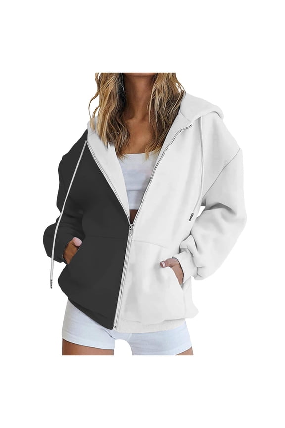 Women's Full Zip Up Hoodie Oversize Sweatshirt Kapuzenpullover Mit Kapuze Langarm Sport Style Color Block Long Sleeve Hooded Sweatshirts with Pockets Jacket Coat for Women Black 3Xl