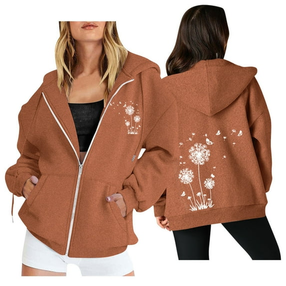 Holzkary Women's Full Zip Up Hoodie Women Dandelion Pockets Sweatshirts Winter Fall Jackets Zipper Coat Dandelion Print Long Sleeve Hooded Sweatshirts with Pockets Jacket Coat for Women Brown Xl
