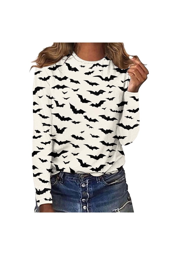 Women's Halloween Funny Bat T-Shirt Pumpkin Long Sleeve Novelty Costume Top Tees Women Fashion Casual Long Sleeve Round Neck Printed Tops Shirts Blouses Tops Beige Xxl