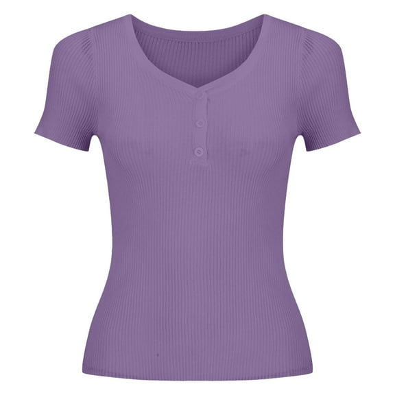 Holzkary Women's Henley T Shirts Summer Deep V Neck Ribbed Short Sleeve Slim Fit Button Tops Casual Tee Ice T Shirt Woven Sweater Thin V Neck Slimming Base Layer Worn Outside Light Violet Xxl