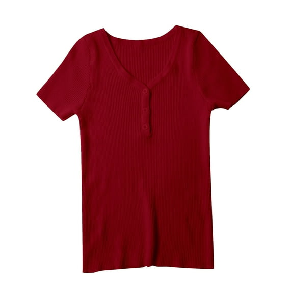 Holzkary Women's Henley T Shirts Summer Deep V Neck Ribbed Short Sleeve Slim Fit Button Tops Casual Tee Ice T Shirt Woven Sweater Versatile Thin V Neck Slimming Base Layer Worn Outside Red L