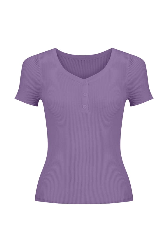 Women's Henley T Shirts Summer Deep V Neck Ribbed Short Sleeve Slim Fit Button Tops Casual Tee Ice T Shirt Woven Sweater Versatile Thin V Neck Slimming Base Layer Worn Outside Light Violet L