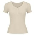thumbnail image 1 of Holzkary Women's Henley T Shirts Summer Deep V Neck Ribbed Short Sleeve Slim Fit Button Tops Casual Tee Ice T Shirt Woven Sweater Versatile Thin V Neck Slimming Base Layer Worn Outside Beige L, 1 of 8
