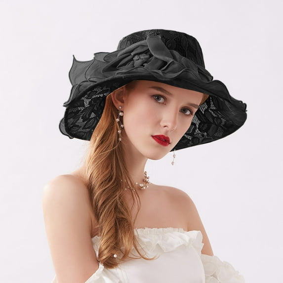 Holzkary Women's Kentucky Derby Church Dress Hat Wide Brim Leaf Flower Bridal Shower Hat Womens Summer Dress Hat Wide Leaf Flower Bridal Shower Hat Sun Hats Beach Hat Black One Size