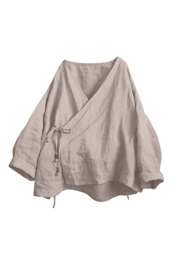 Women's Kimono Cardigan Long Sleeve V Neck Vintage Hanfu Costumetraditional Asian Style Shirt Top Hanten Cardigan Long Sleeve Wrap Front Cotton Linen Retro Costume Irregular Shirt Tops A S