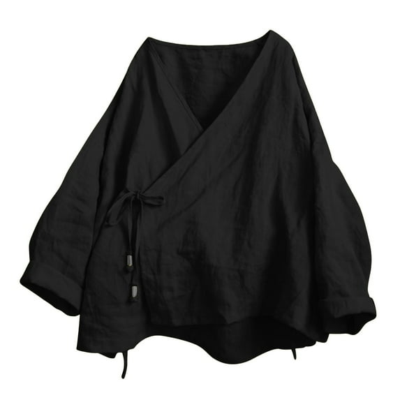 Holzkary Women's Kimono Cardigan Long Sleeve V Neck Vintage Hanfu Costumetraditional Asian Style Shirt Top Hanten Cardigan Wrap Front Cotton Linen Retro Costume Irregular Shirt Tops Black S