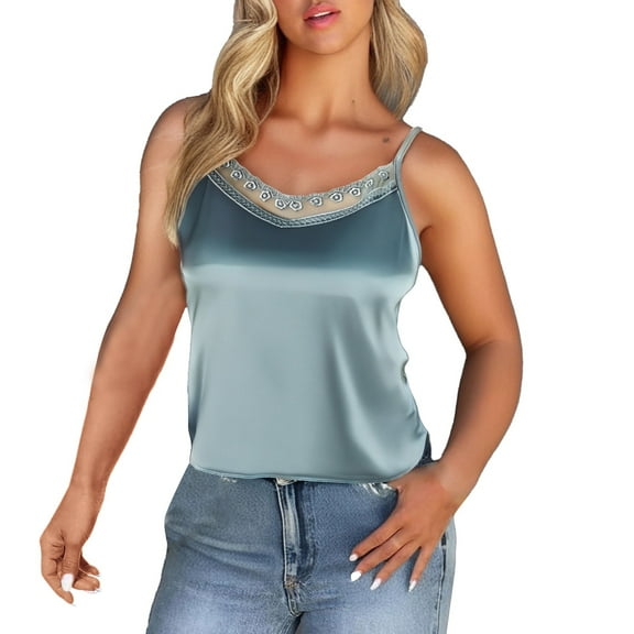 Holzkary Women's Lace Silk Satin Pajama Tank Tops V Neck Camisole Soft Spaghetti Strap Tops Loose Sleepwear Lace Suspenders Are Designed Sense Of Wearing A New Summer Plus Size Back Suit Green 4Xl