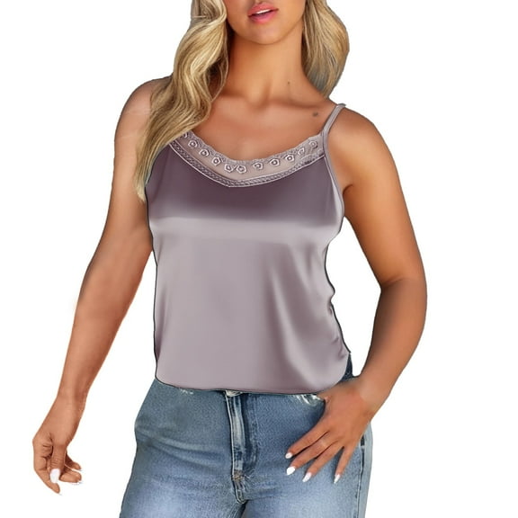 Holzkary Women's Lace Silk Satin Pajama Tank Tops V Neck Camisole Soft Spaghetti Strap Tops Loose Sleepwear Lace Suspenders Are Designed Sense Of Wearing A New Summer Plus Size Back Suit Purple 4Xl