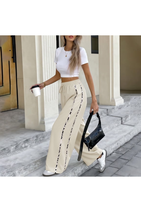 Women's Leopard Print Side Striped Pants Drawstring Elastic High Waist Sweatpants Casual Wide Leg Loose Fit Pants,Leopard Color Block Lounge Trousers with Pockets Beige S