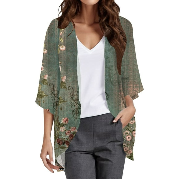 Holzkary Women's Lightweight Floral Print Cardigan Open Front Long Sleeve Casual Fall Winter Cardigan Boho Flowy Coat Women's Printed Three Quarter Sleeve Loose Blouse Cardigan Shirt Top Army Green L