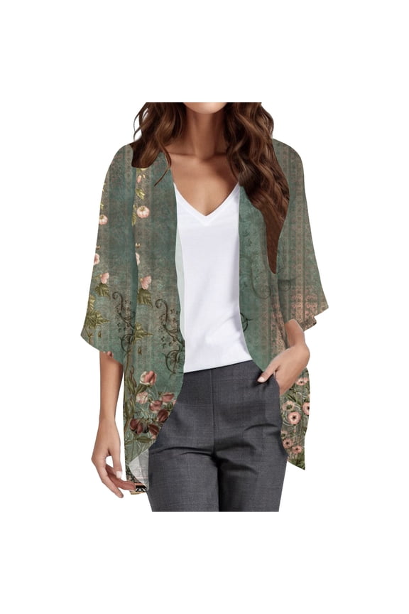 Women's Lightweight Floral Print Cardigan Open Front Long Sleeve Casual Fall Winter Cardigan Boho Flowy Coat Women's Printed Three Quarter Sleeve Loose Blouse Cardigan Shirt Top Army Green L