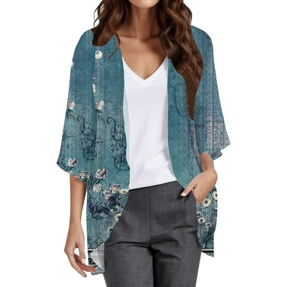 Holzkary Women's Lightweight Floral Print Cardigan Open Front Long Sleeve Casual Fall Winter Cardigan Boho Flowy Coat Women's Printed Three Quarter Sleeve Loose Blouse Cardigan Shirt Top Navy Xxl