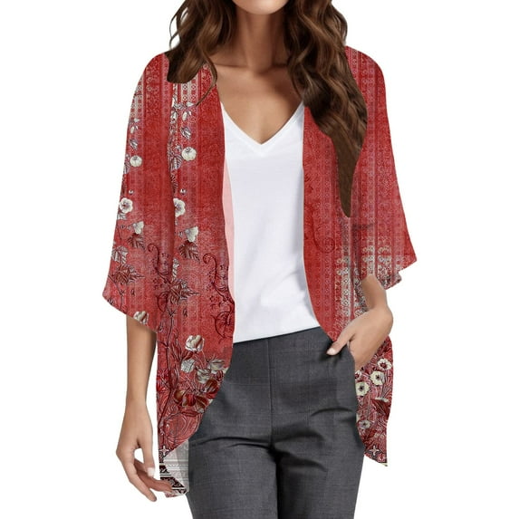 Holzkary Women's Lightweight Floral Print Cardigan Open Front Long Sleeve Casual Fall Winter Cardigan Boho Flowy Coat Women's Printed Three Quarter Sleeve Loose Blouse Cardigan Shirt Top Red Xl