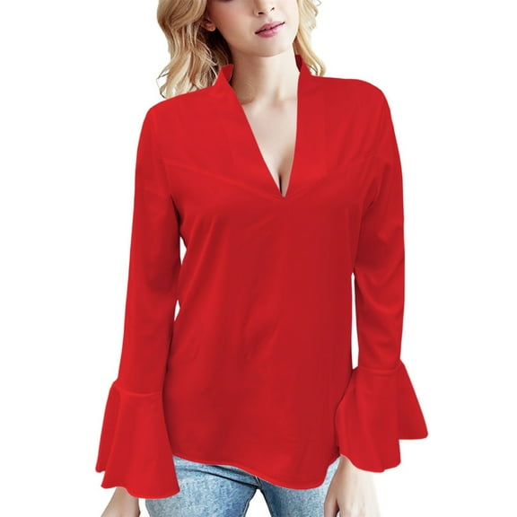 Holzkary Women's Long Bell Sleeve Tops Ruffle Blouse for Work Dressy Casual Work Tunic Shirts Clothes 2025 Fashion V Neck Drilling Solid Color Long Sleeve Blouses Light Weight Work Shirts Red S