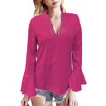 thumbnail image 1 of Holzkary Women's Long Bell Sleeve Tops Ruffle Blouse for Work Dressy Casual Work Tunic Shirts Clothes 2025 Fashion V Neck Drilling Solid Color Long Sleeve Blouses Light Weight Work Shirts Hot Pink S, 1 of 5