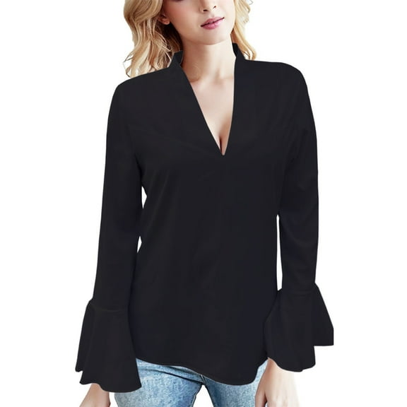 Holzkary Women's Long Bell Sleeve Tops Ruffle Blouse for Work Dressy Casual Work Tunic Shirts Clothes 2025 Fashion V Neck Drilling Solid Color Long Sleeve Blouses Light Weight Work Shirts Black L