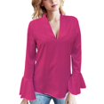 thumbnail image 1 of Holzkary Women's Long Bell Sleeve Tops Ruffle Blouse for Work Dressy Casual Work Tunic Shirts Clothes 2025 Fashion V Neck Drilling Solid Color Long Sleeve Blouses Light Weight Work Shirts Hot Pink L, 1 of 5