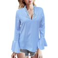 thumbnail image 1 of Holzkary Women's Long Bell Sleeve Tops Ruffle Blouse for Work Dressy Casual Work Tunic Shirts Clothes 2025 Fashion V Neck Drilling Solid Color Long Sleeve Blouses Light Weight Work Shirts Sky Blue M, 1 of 5