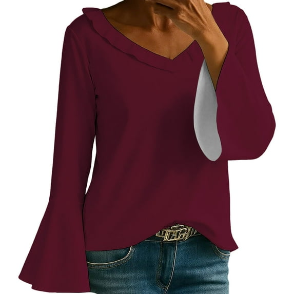 Holzkary Women's Long Bell Sleeve Tops V Neck Dressy Casual Shirts Ladies Loose Fit Blouses Tunic Fall T Shirts Women Loose Fit Long Sleeve Boat Neck Tops Casual Blouses Print Sleeve Tops Wine Xl