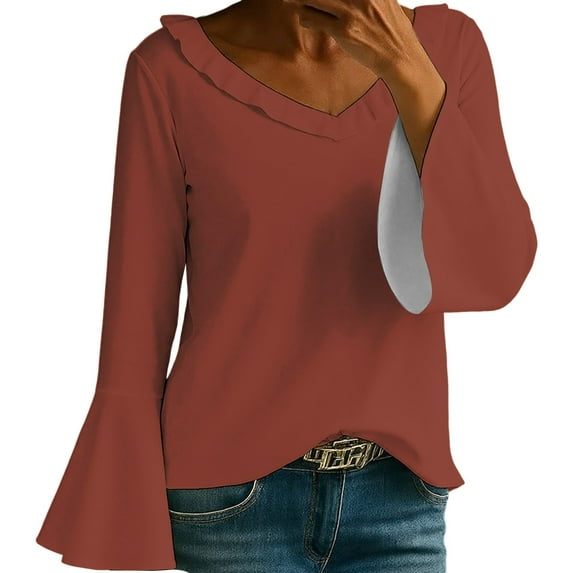 Holzkary Women's Long Bell Sleeve Tops V Neck Dressy Casual Shirts Ladies Loose Fit Blouses Tunic Fall T Shirts Women Loose Fit Long Sleeve Boat Neck Tops Casual Blouses Print Sleeve Tops Brick Red S