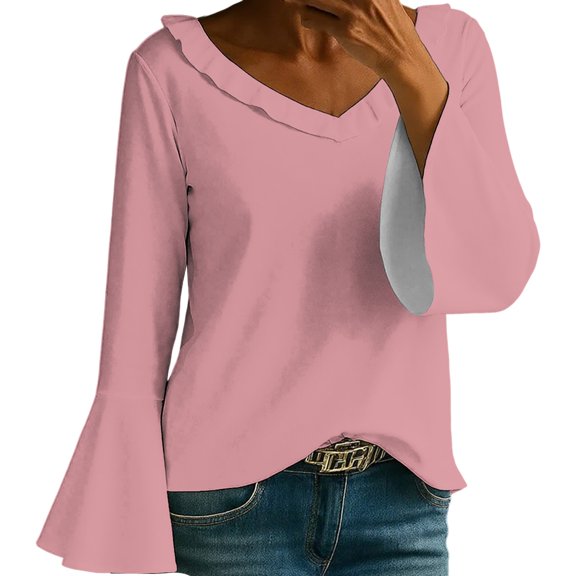 Holzkary Women's Long Bell Sleeve Tops V Neck Dressy Casual Shirts Ladies Loose Fit Blouses Tunic Fall T Shirts Women Loose Fit Long Sleeve Boat Neck Tops Casual Blouses Print Sleeve Tops Pink 4Xl