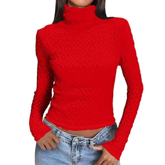 Holzkary Women's Long Sleeve Bodycon Turtleneck Tees Top Lace Trim Shirts Elegant Blouse Long Sleeve Shirts for Women Basic Crop Tops Teens Crew Neck Tight Clothes Workout Fall Trendy 2025 Red L