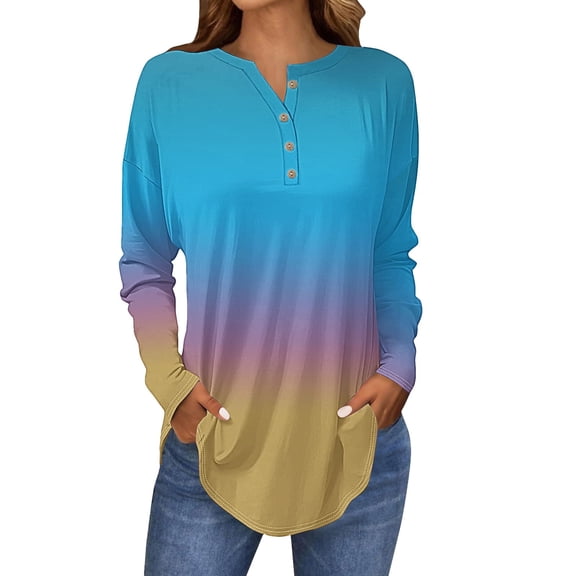 Holzkary Women's Long Sleeve Henley Tops V Neck Button Up Tops Casual Blouse Loose Fit T Shirts Pullover Tunics Long Sleeve Tops for Women Neck Casual Petite T Shirts Light Blue L