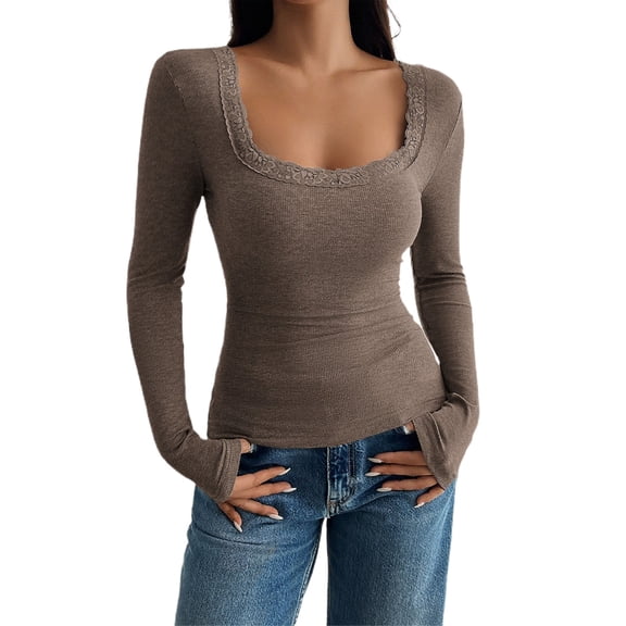 Holzkary Women's Long Sleeve Lace Trim Top Square Neck Going Out Tops Cute Ribbed Knit Bow Knot Lace Patchwork T Shirts T Shirt Lace Trimmed Open Collar Slim Fit Base Shirt Top for An Style Coffee L
